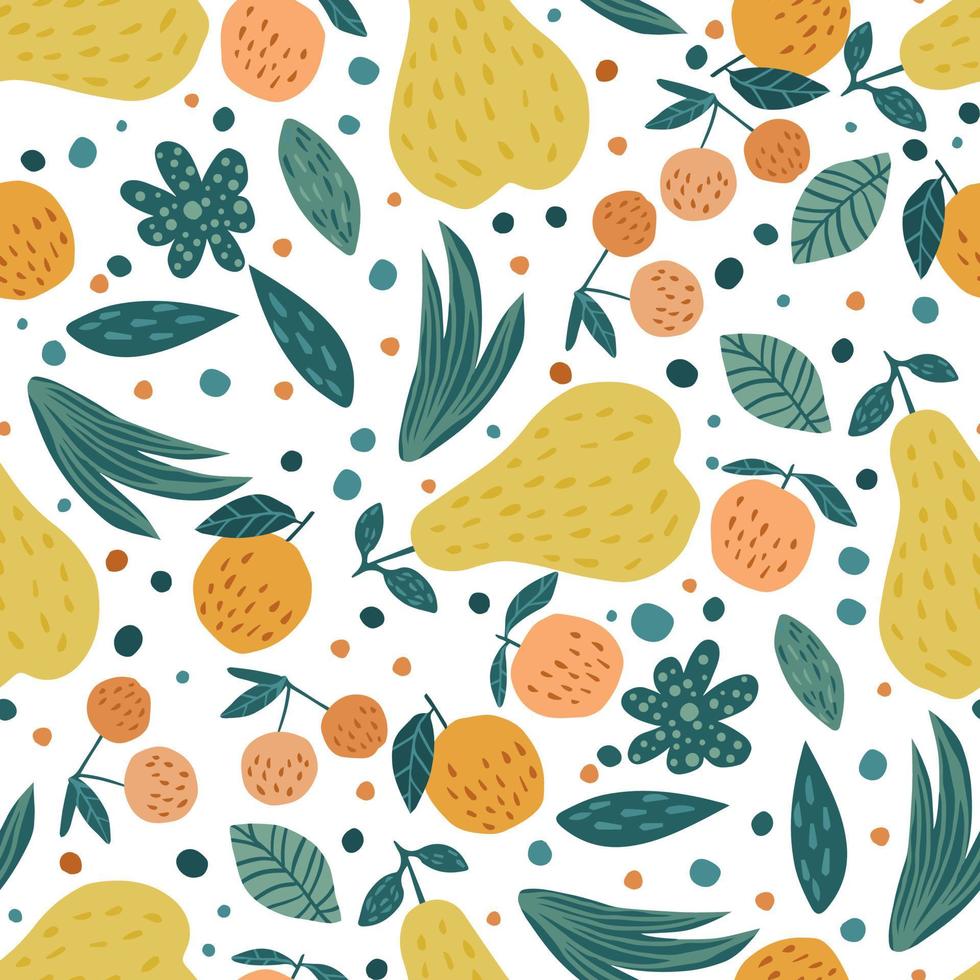 Fruits seamless pattern. Cherry berries, apples, pears and leaves vector