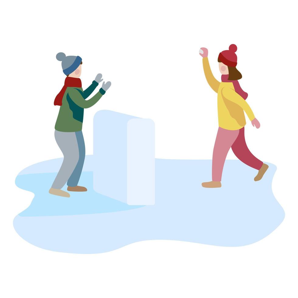 Little boy and girl playing snowball fight and having fun in snow in winter. vector