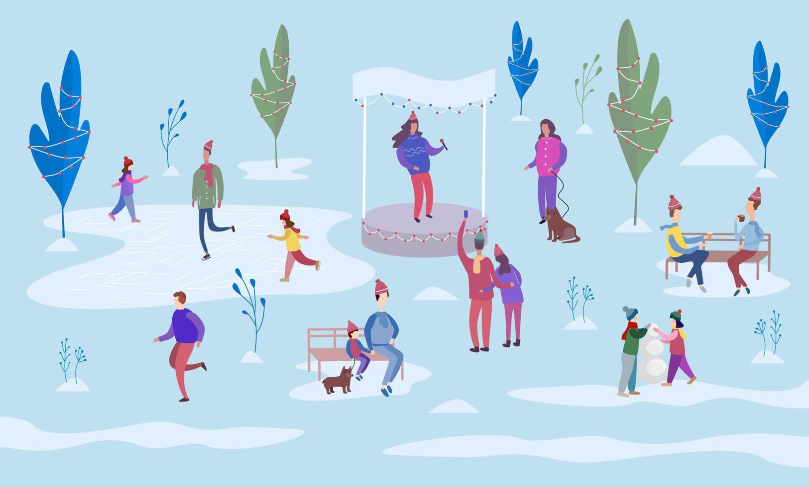 vacaciones de navidad al aire libre. ilustración vectorial en estilo plano vector