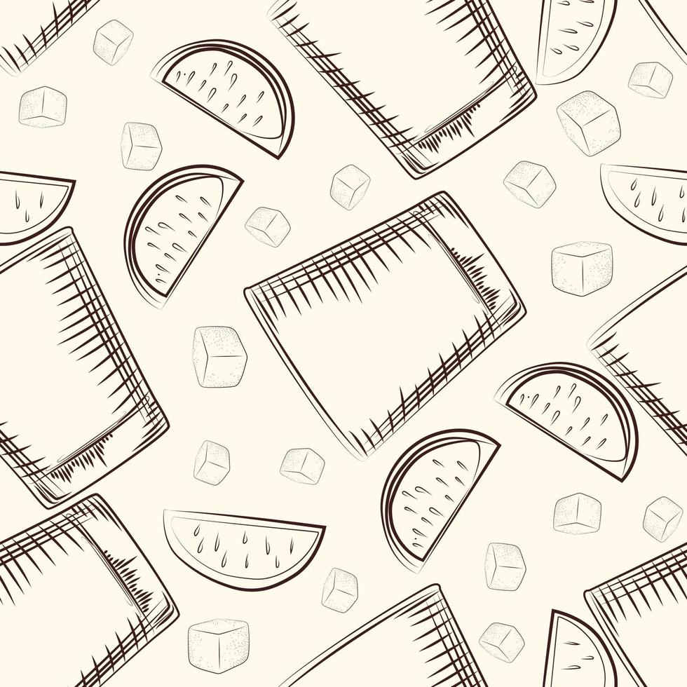 Hand drawn old fashioned glass, lime and ice cube seamless pattern. vector