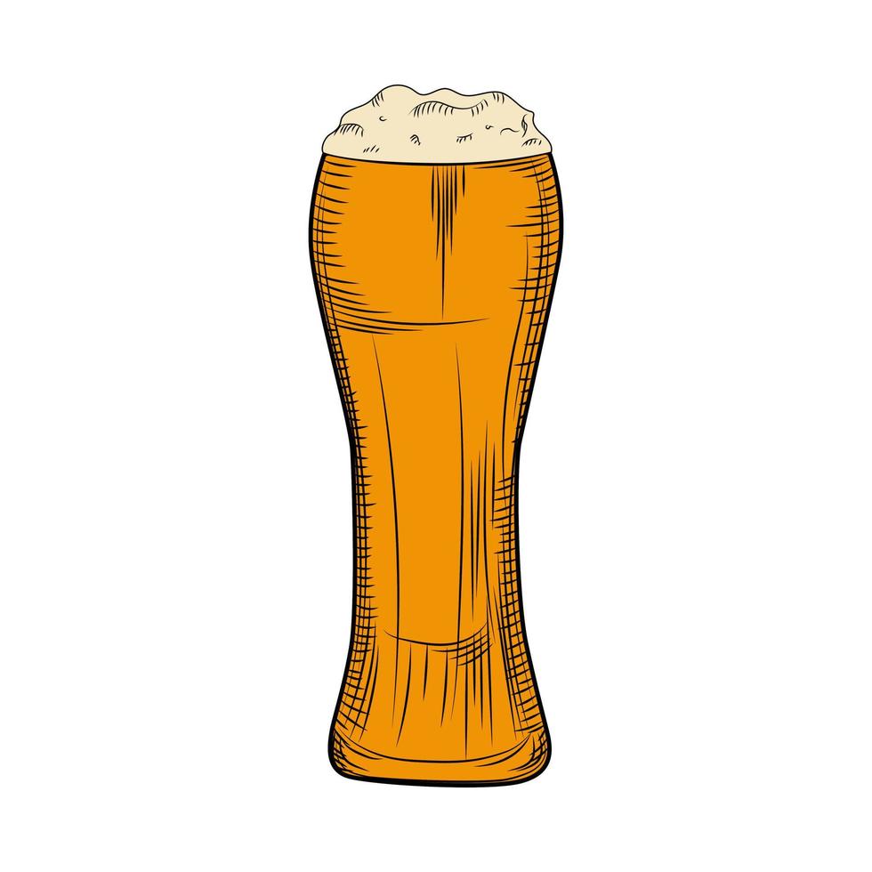 Full beer glass with foam. Engraving style. Hand drawn vector