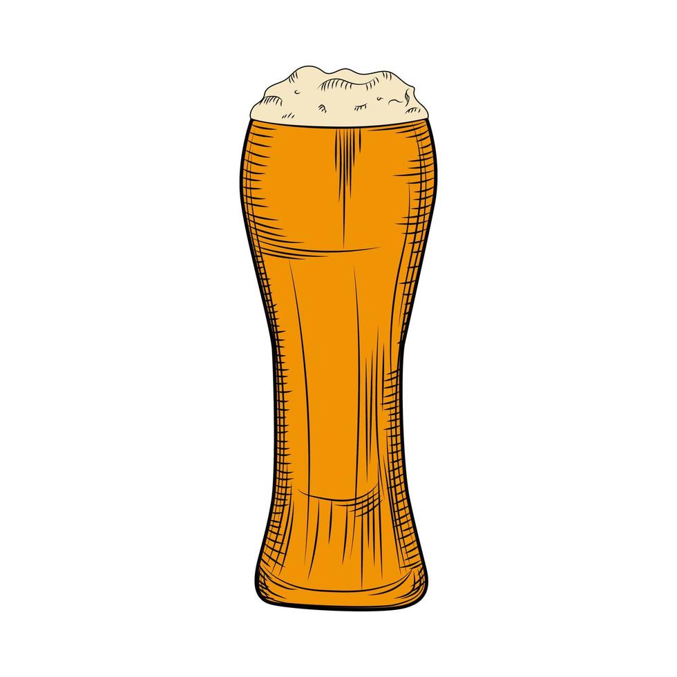 Full beer glass with foam. Engraving style. Hand drawn vector