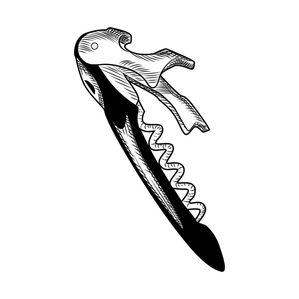 Hand drawn Corkscrew. Engraving style. Sommelier knife Isolated vector
