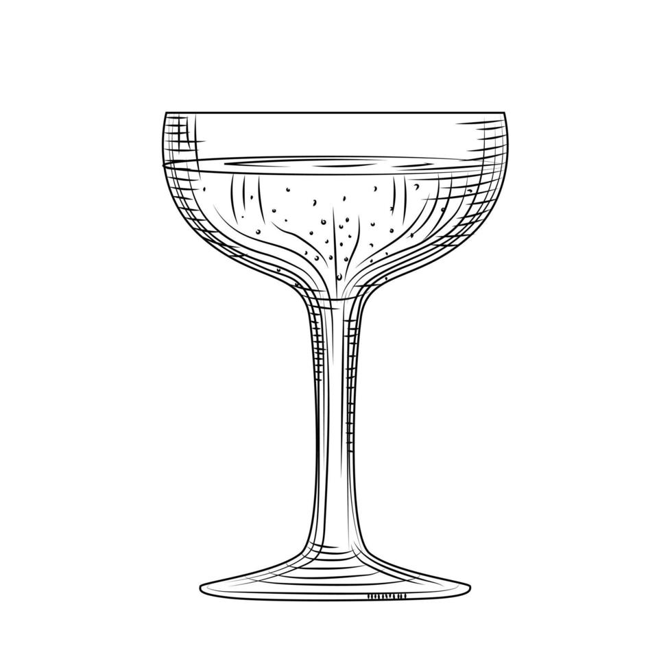 boceto de copa de champán dibujado a mano. copa de vino espumoso llena. vector