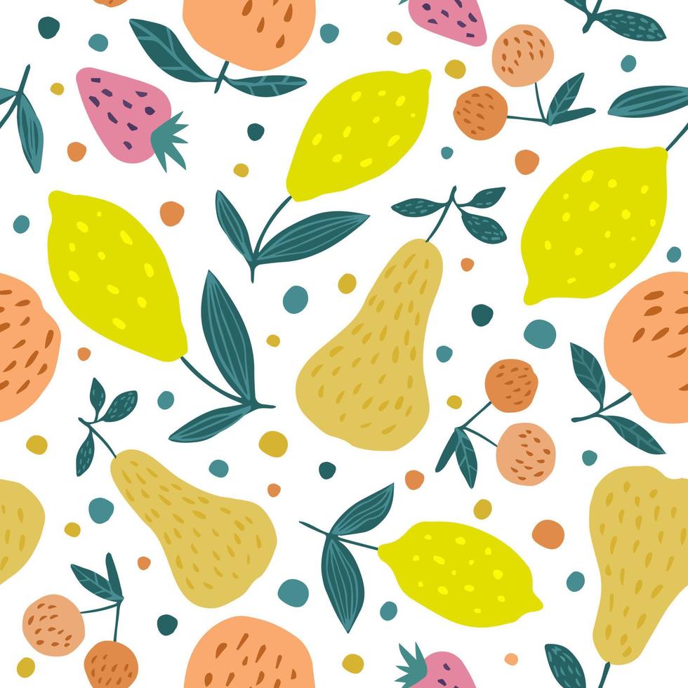 Summer fruits seamless pattern. Cherry berries, apples, lemons, pears and leaves vector