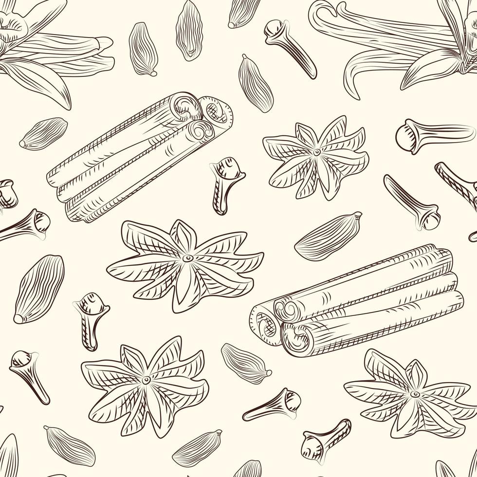 Hand drawn mulled wine spices seamless pattern. vector