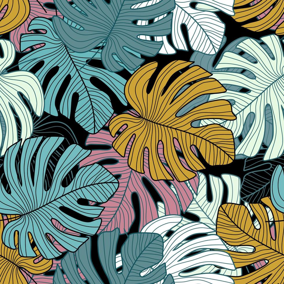 Tropical leaves seamless pattern on black background. vector