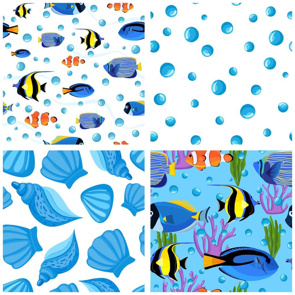 Set of Fish underwater with bubbles. Undersea seamless pattern. vector