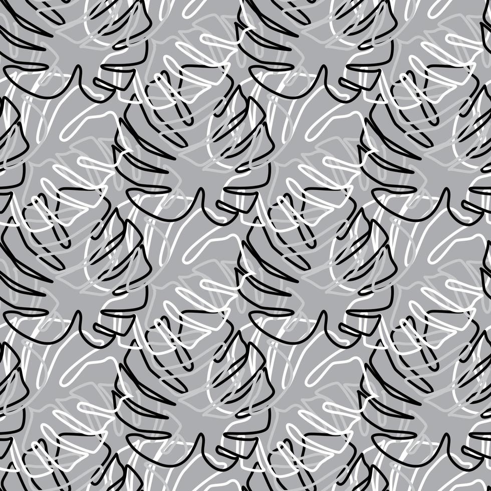 Monochrome monstera leaves seamless pattern in outline style. vector