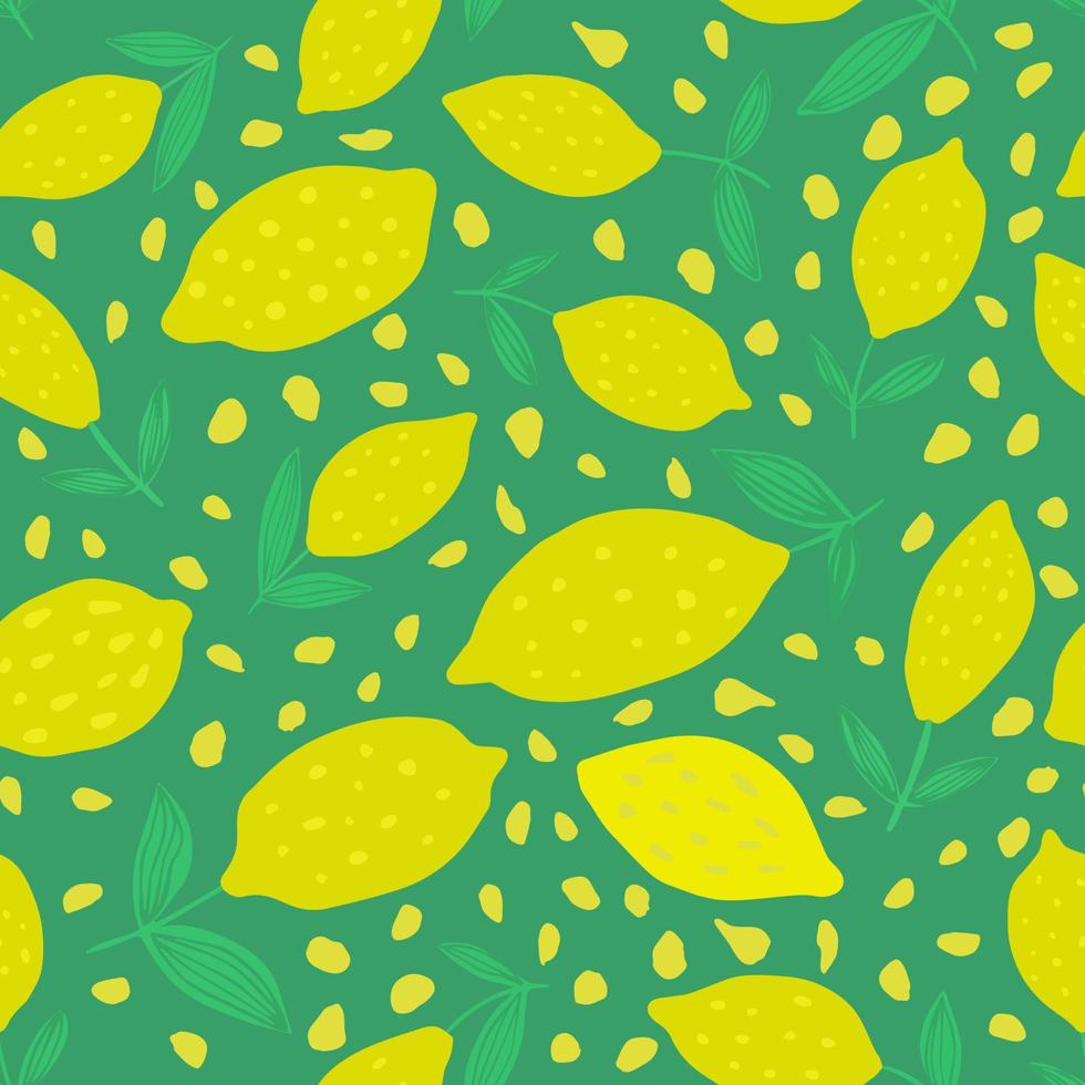Hand drawn Lemon seamless pattern with leaves. vector