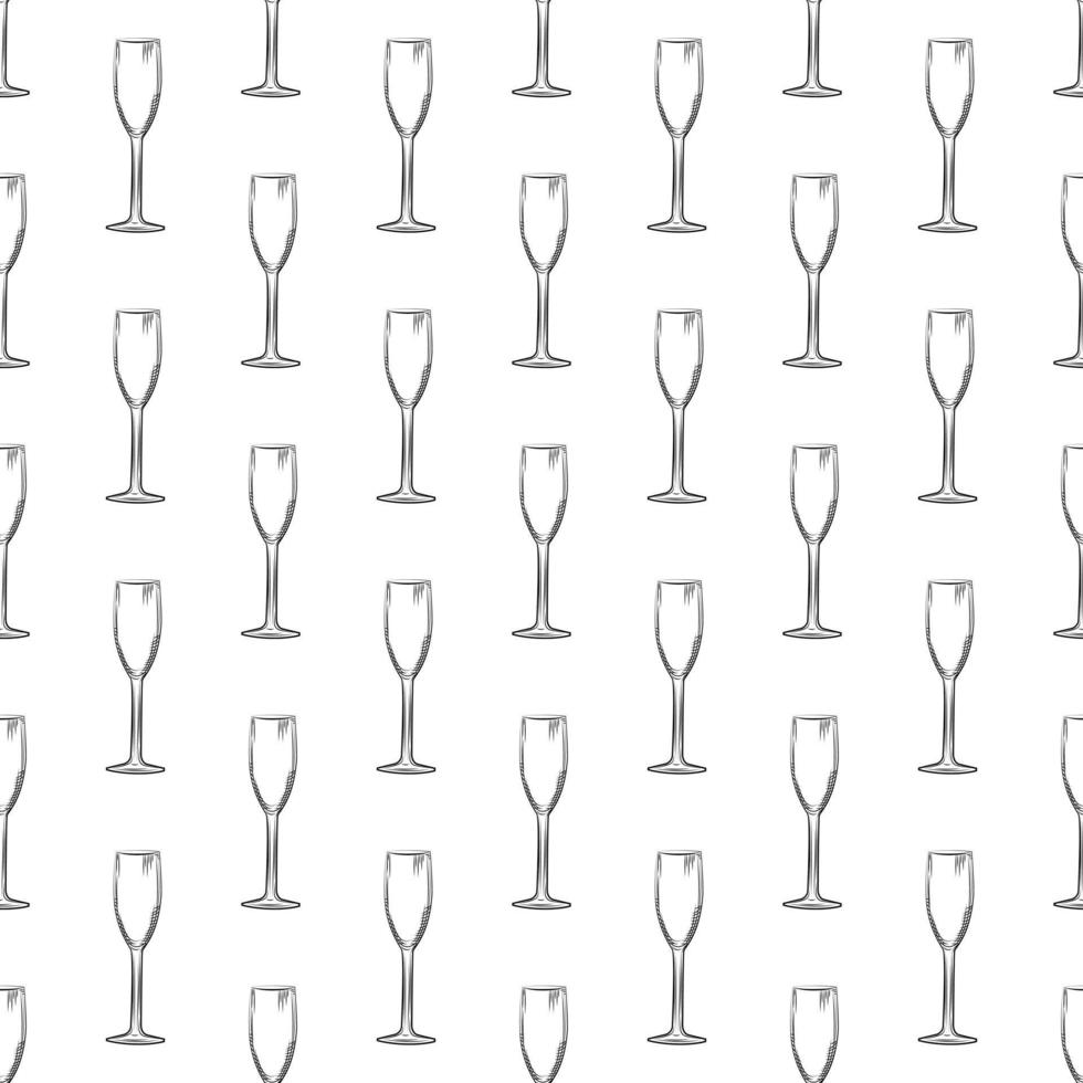 Flute glass. Hand drawn empty champagne glass sketch seamless pattern. vector