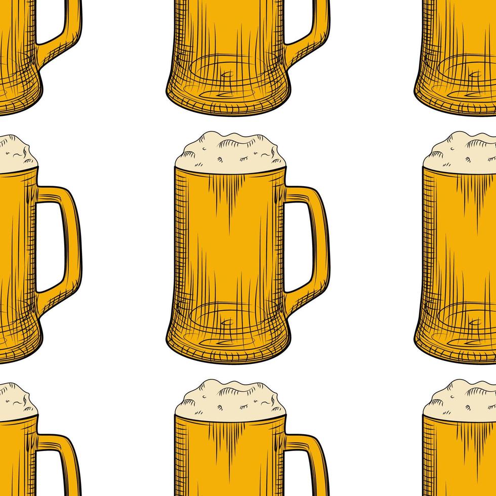 Beer mug seamless pattern. Full beer glasses with foam backdrop. vector