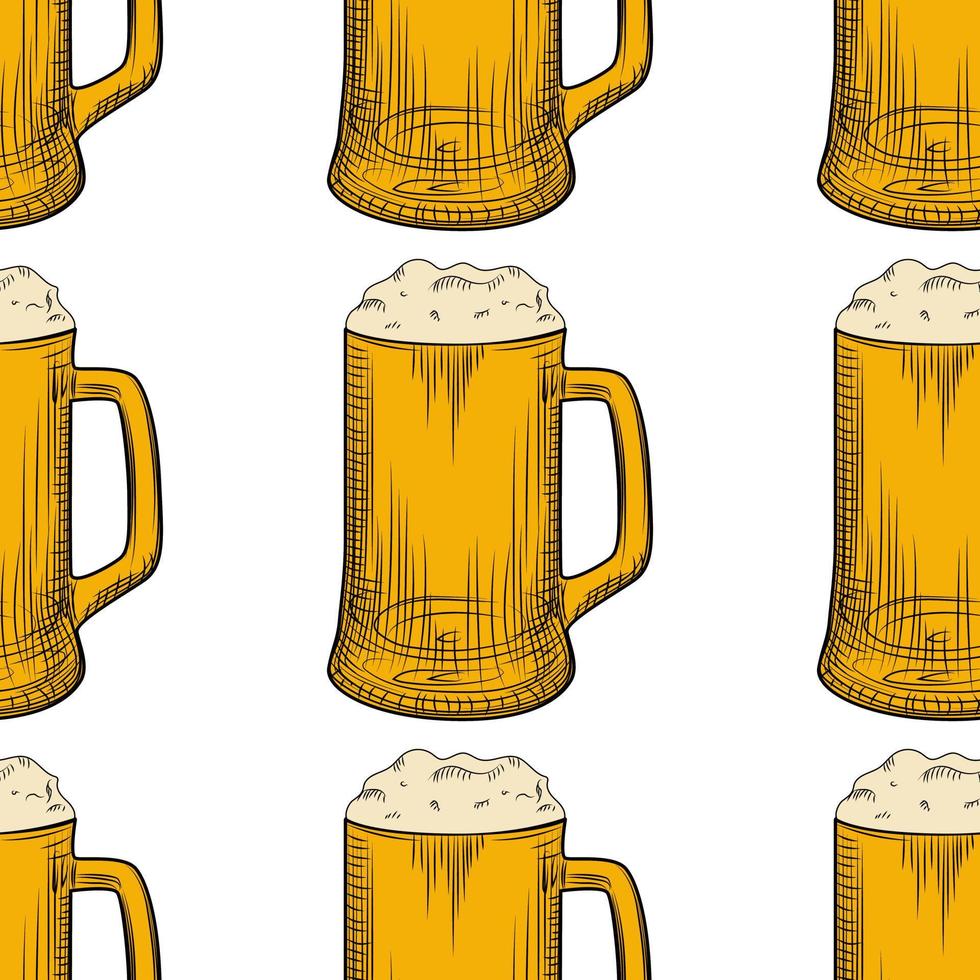 jarra de cerveza de patrones sin fisuras. vasos de cerveza completos con fondo de espuma. vector