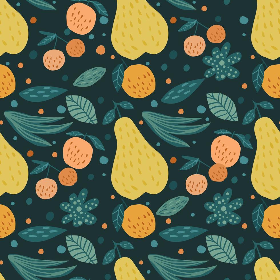 Contemporary fruits seamless pattern. Cherry berries, apples, pears and leaves vector