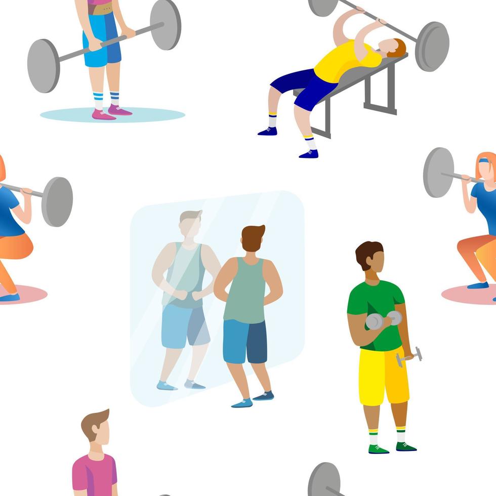 men and women are engaged weightlifting in the gym seamless pattern vector