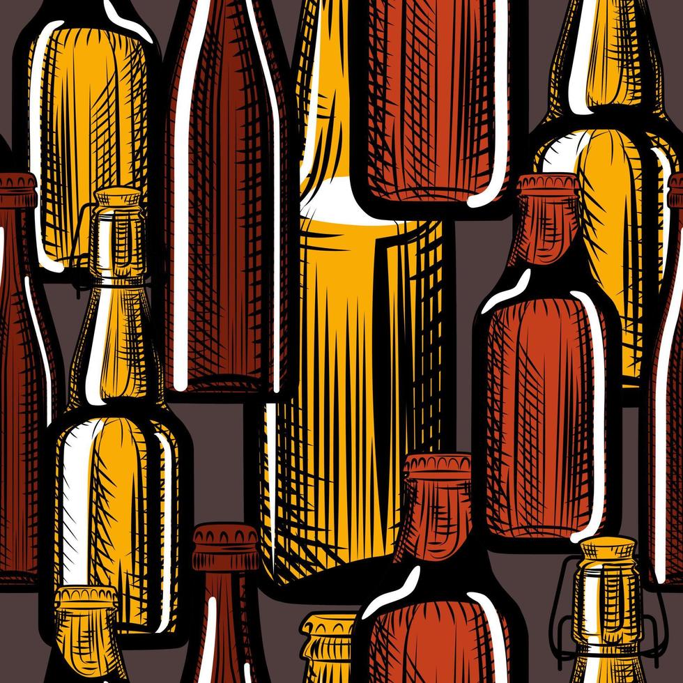 Beer bottles seamless pattern. Engraving style. Hand drawn vector