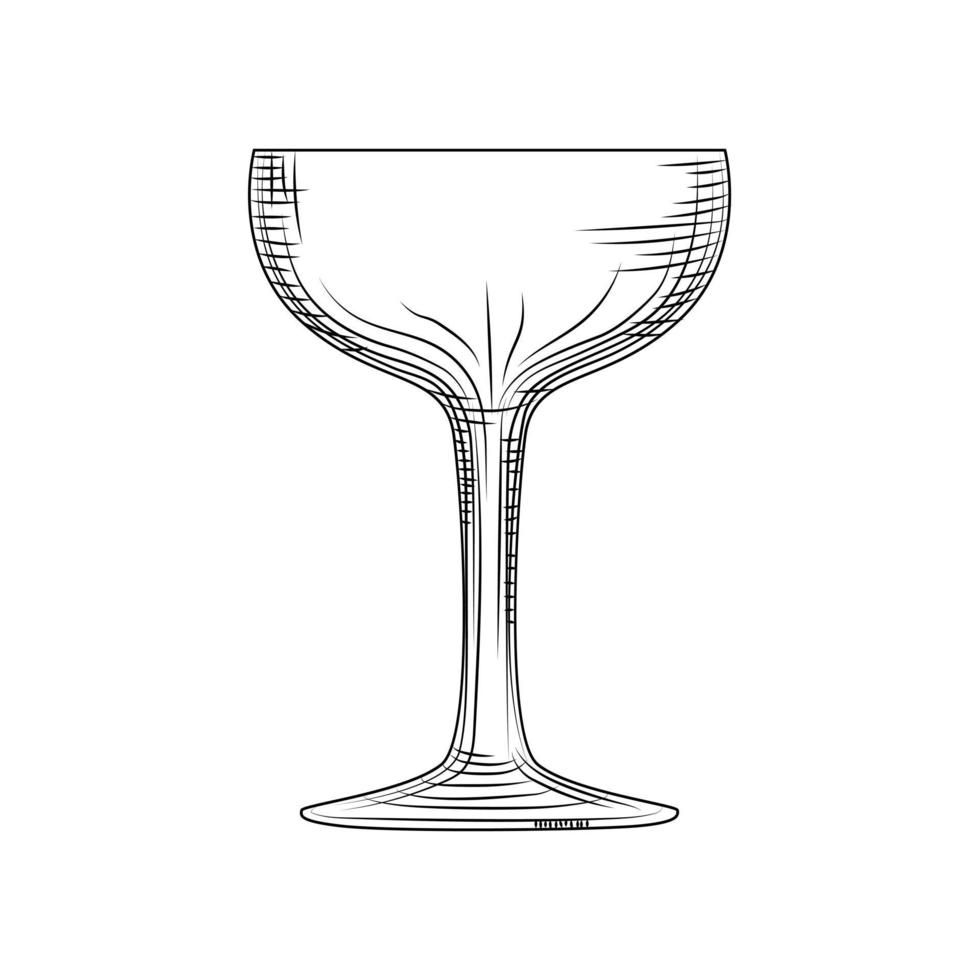 Saucer glass. Hand drawn champagne glass sketch. Empty sparkling wine glass. vector