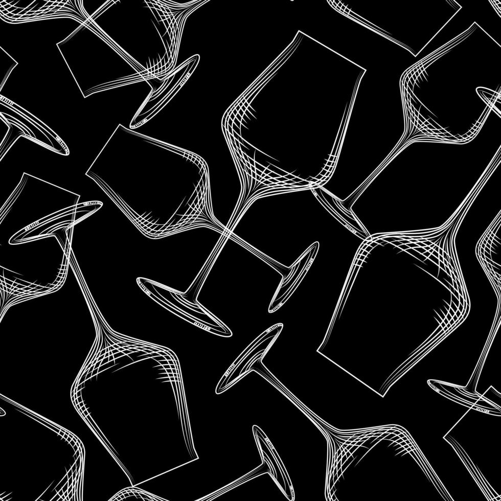 patrón transparente de cristalería de vino dibujado a mano sobre fondo negro. vector