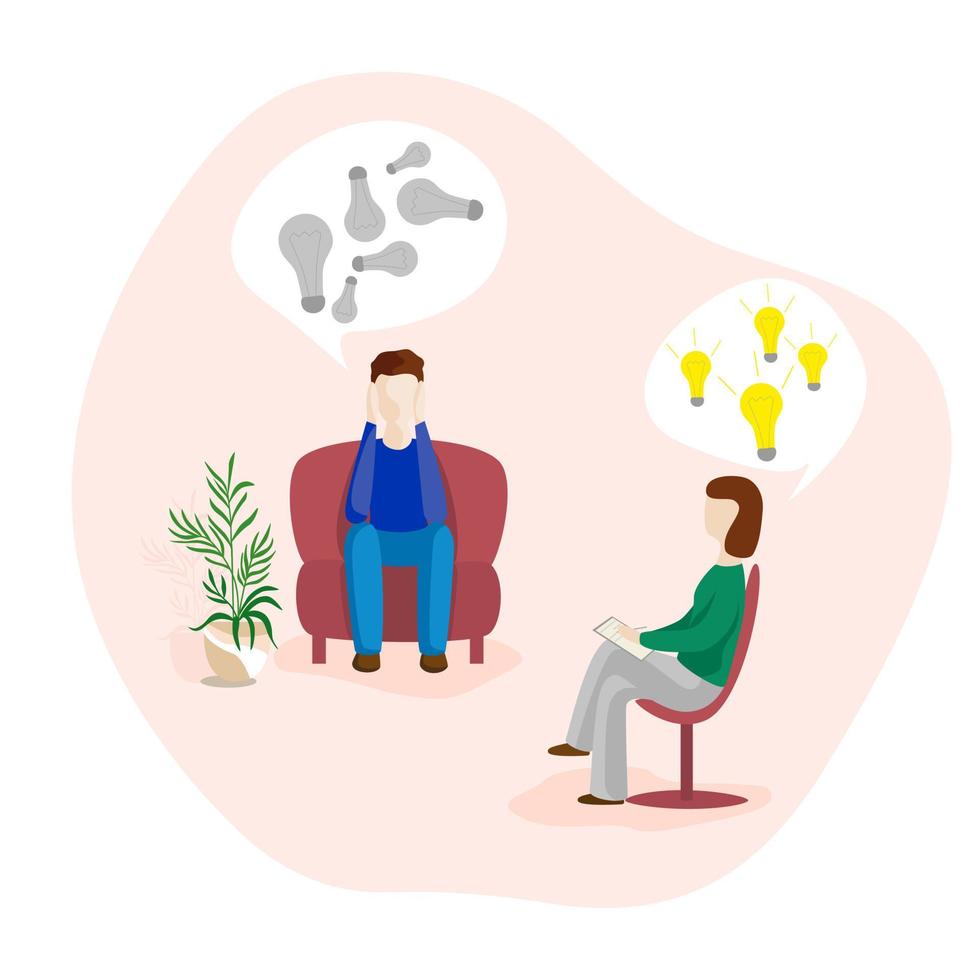 Man talking to psychotherapist or psychologist and answer questions. vector