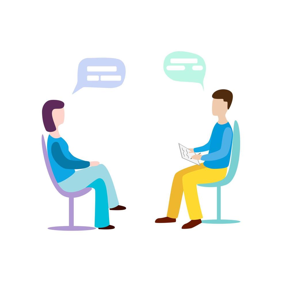 mujer hablando con psicoterapeuta o psicóloga y respondiendo preguntas. vector