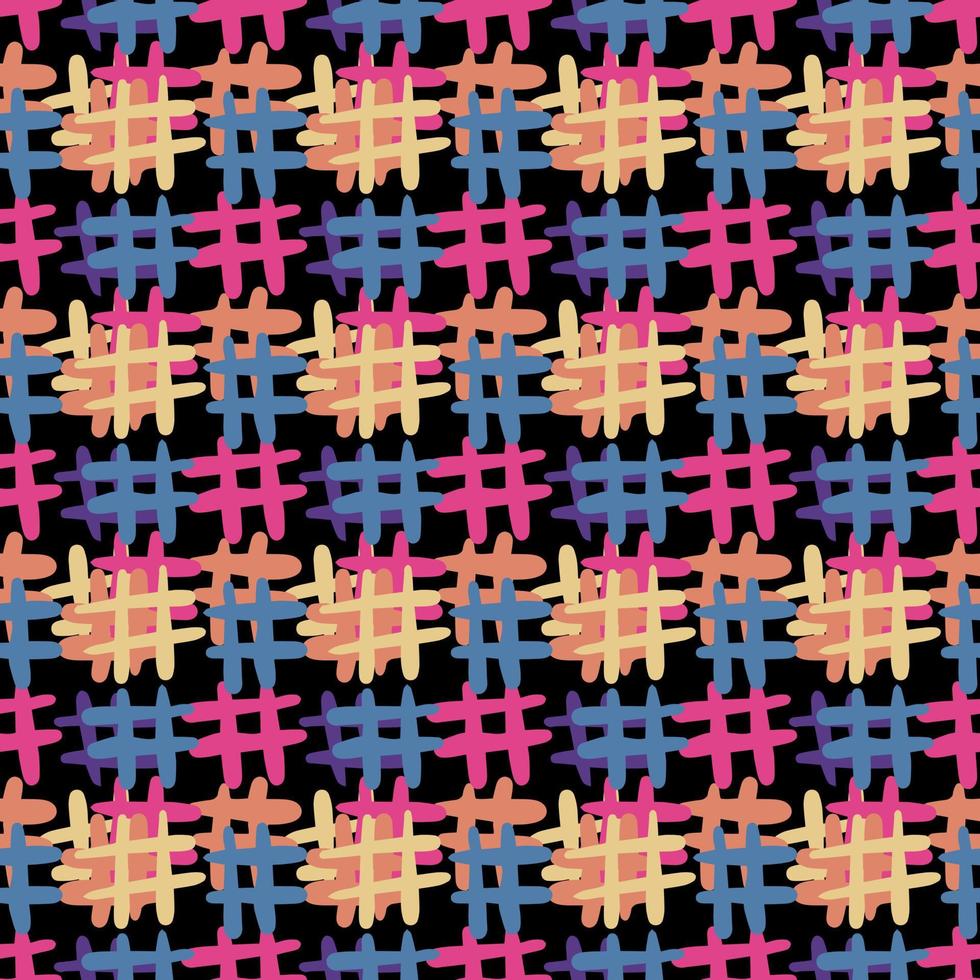 Hand drawn colorful hashtag icon seamless pattern on black background. vector