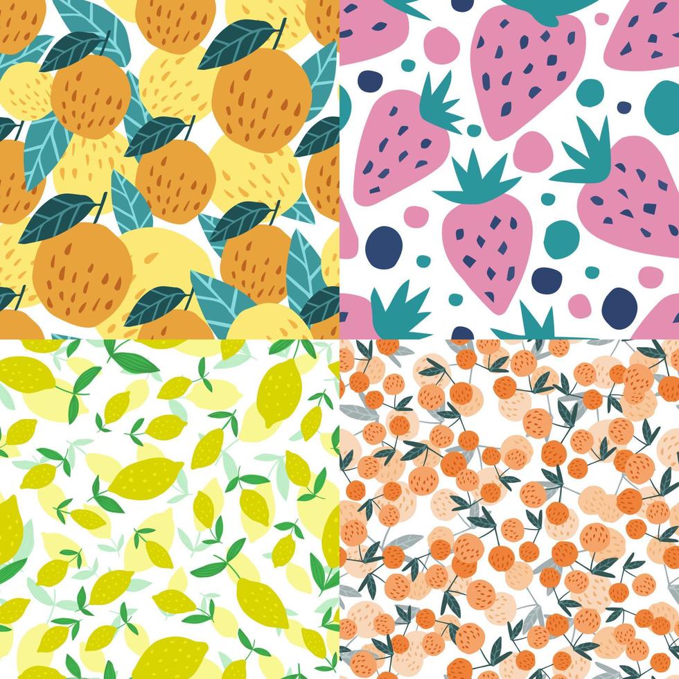 conjunto de patrones sin fisuras de frutas. cerezas, manzanas, limones, fresas vector