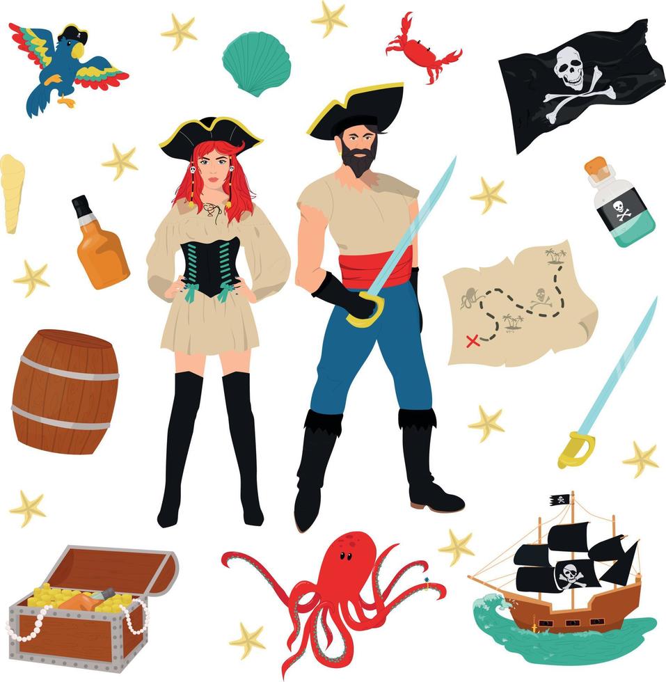 conjunto de piratas mujer, hombre, artículos vector