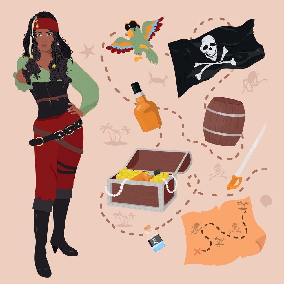 conjunto de artículos piratas, cofre del tesoro, bandera, loro, mapa, barril, espada, veneno, ron. vector