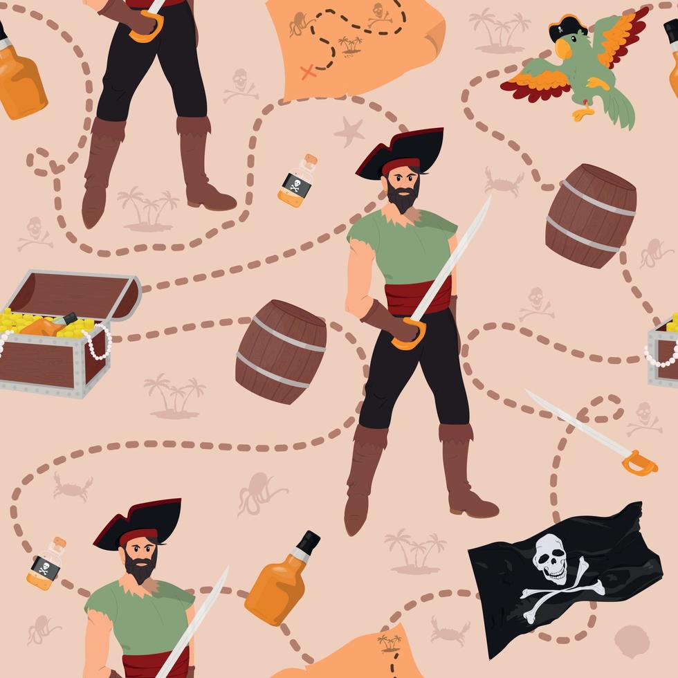 patrón impecable de objetos piratas, cofre del tesoro, bandera, loro, mapa, barril, espada, veneno, ron. vector