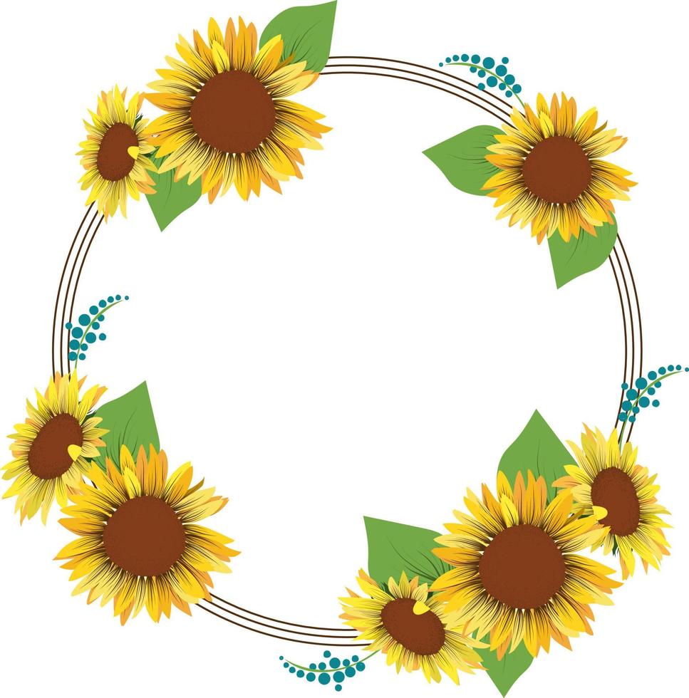 Colorful floral wreath with sunflowers, leaves and place for your text. vector