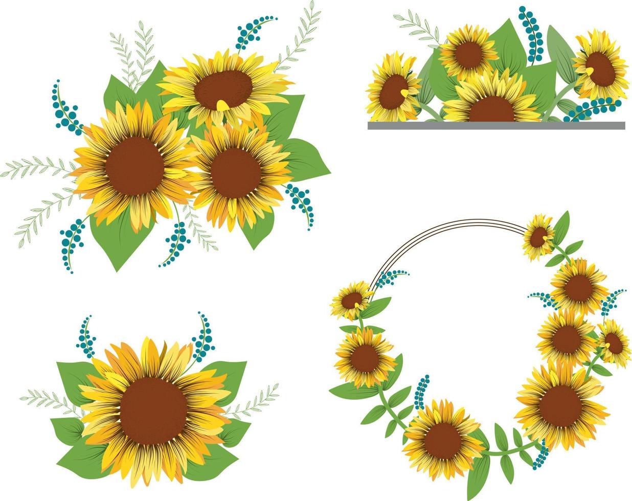 Sunflower collection with bud and leaf, wreath and border decoration vector