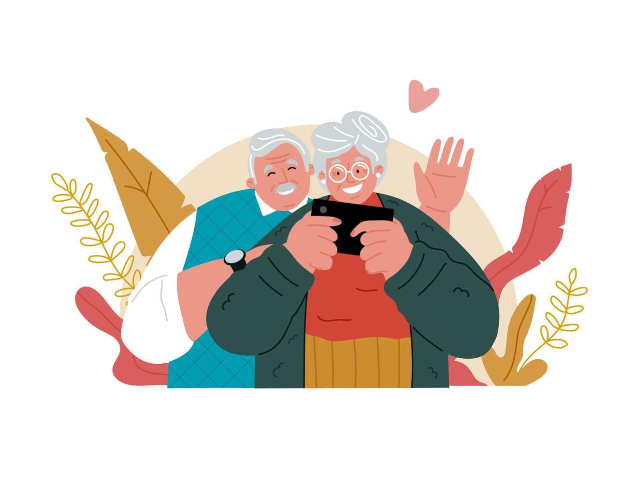 A couple of elderly people with a cell phone.Calls through a mobile device. vector