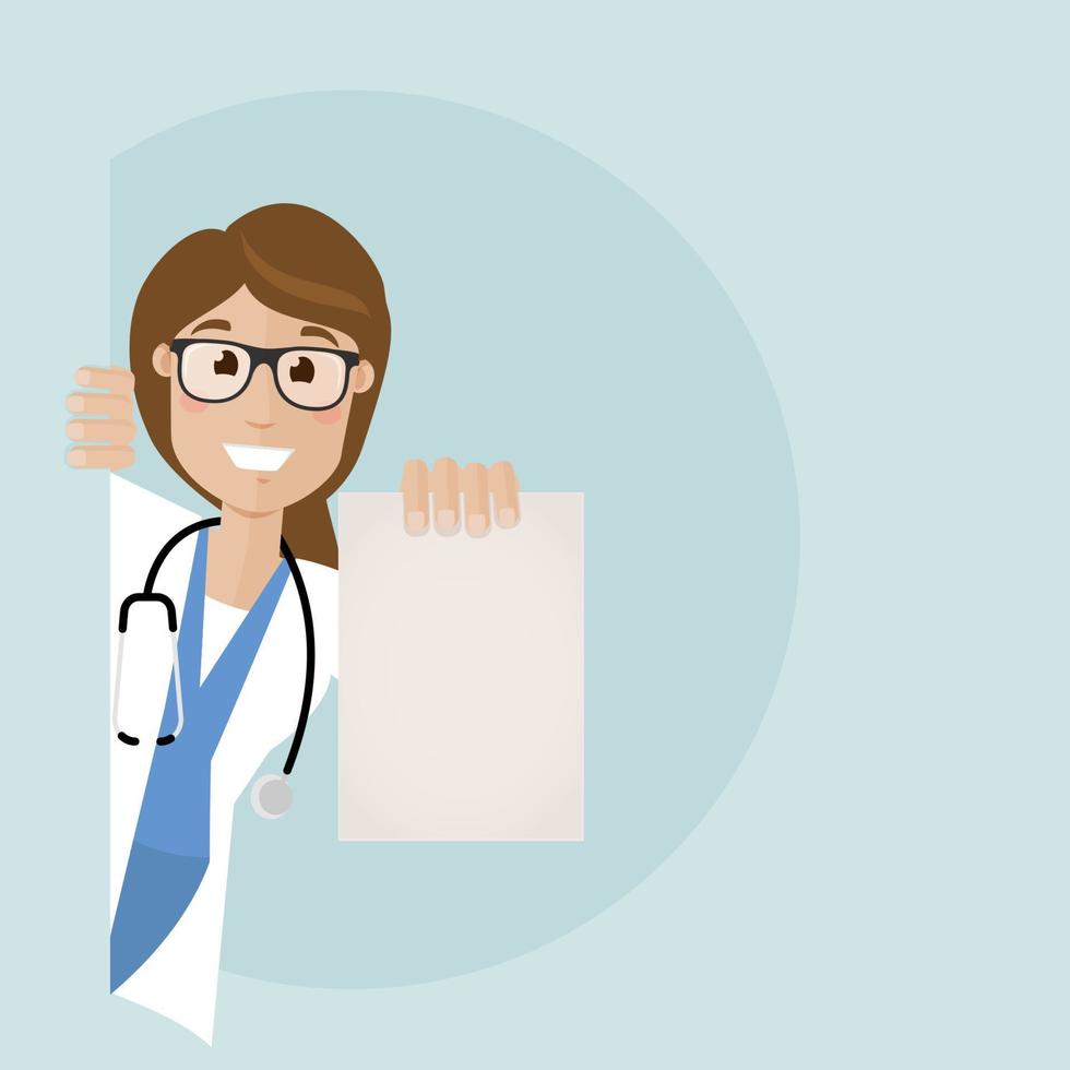 Female doctor in white coat holds a test results in her hand. The note is blank. vector