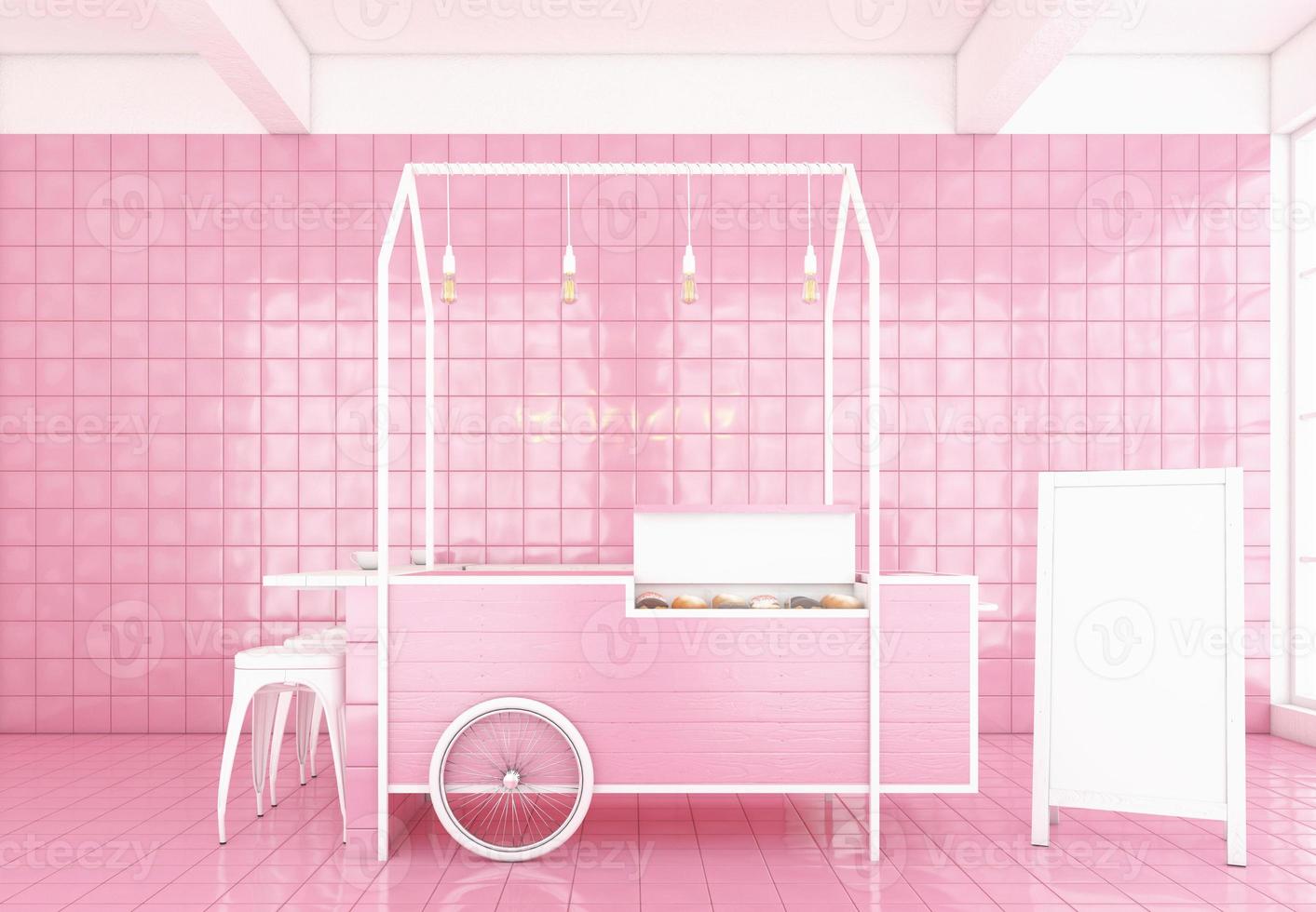 cafetería de estilo minimalista con fondo rosa y letrero de tienda blanco, pared rosa y suelo de baldosas rosas, representación 3d. foto
