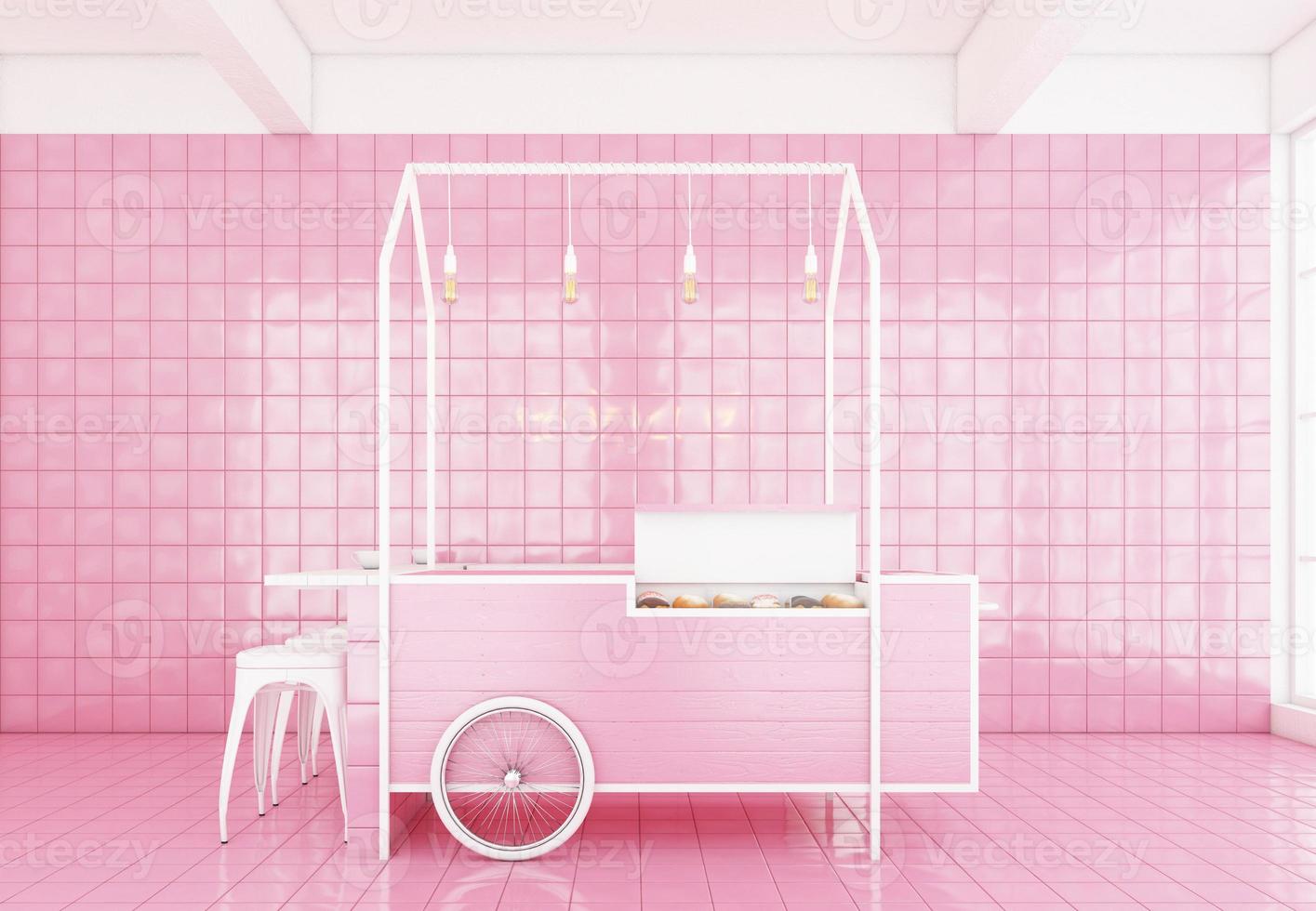 Minimal style coffee shop with pink backdrop, pink wall and pink tile floor, 3D rendering. photo