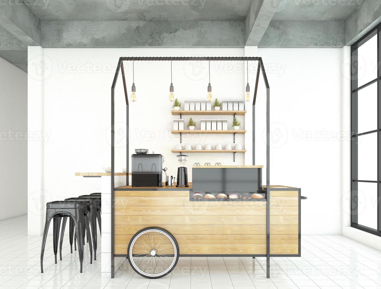 Minimal style coffee shop with white wall and white tile floor. 3d rendering photo