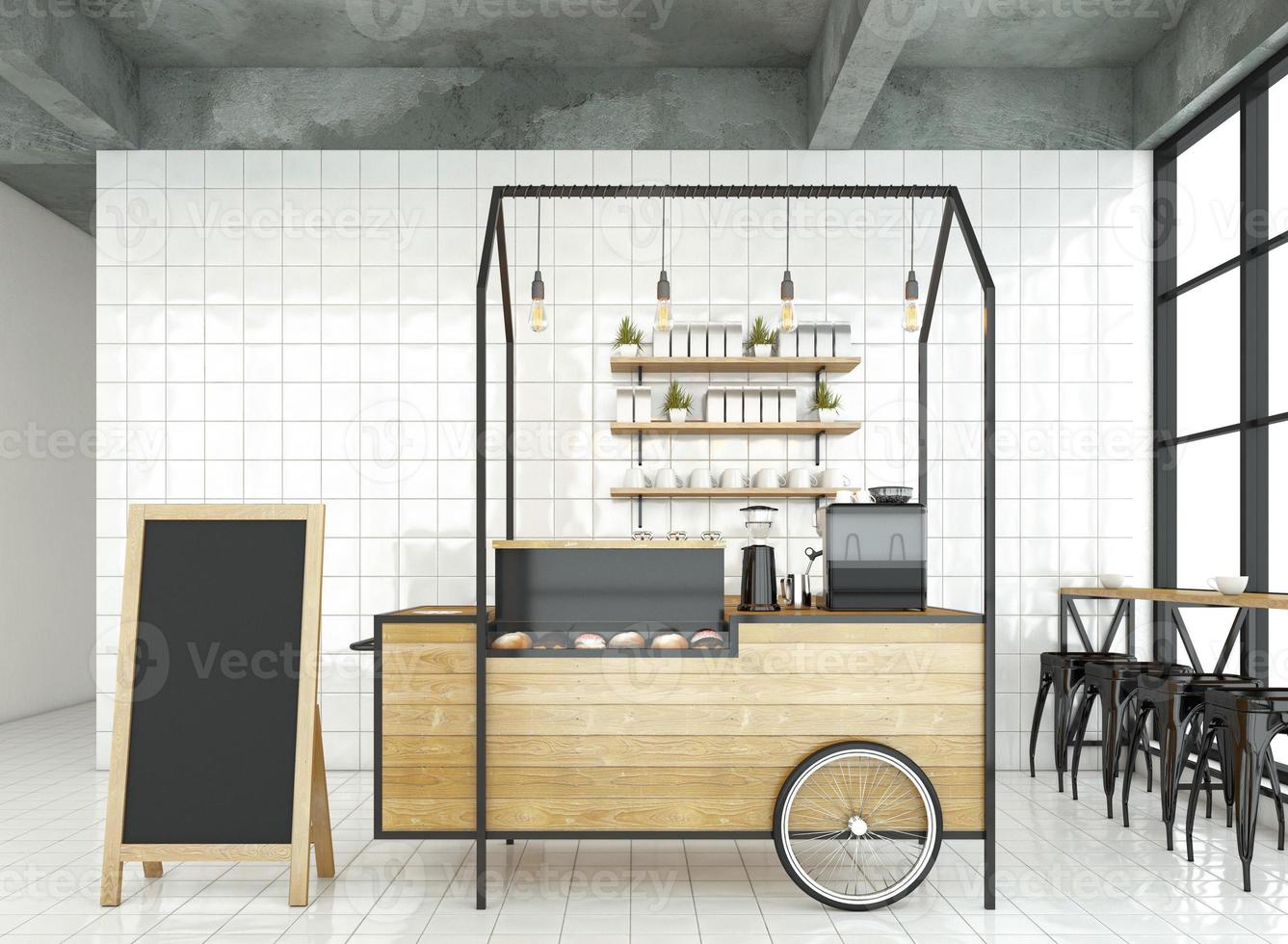 Minimal style coffee shop with white wall and white tile floor. 3d rendering photo