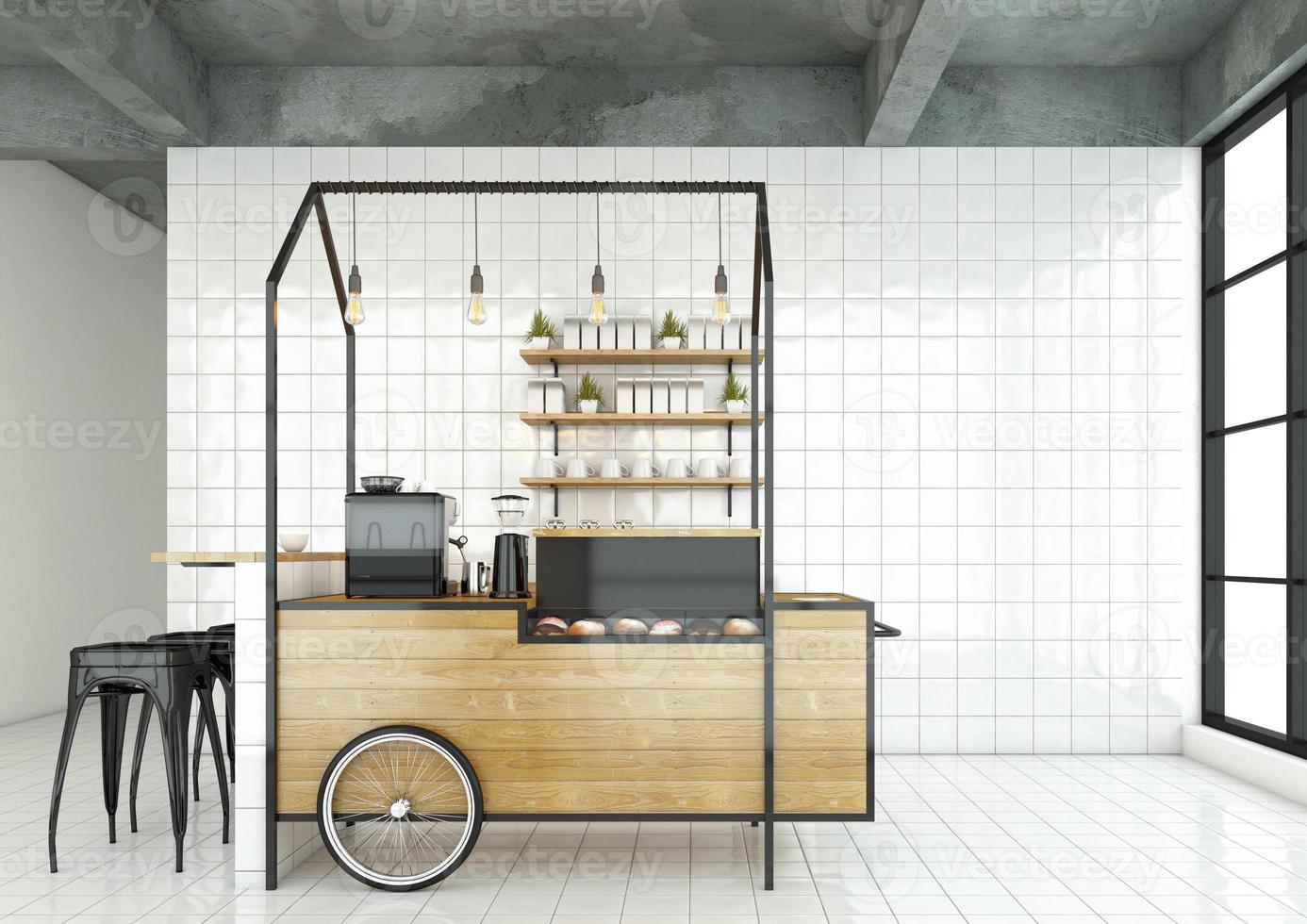 Minimal style coffee shop with white wall and white tile floor. 3d rendering photo