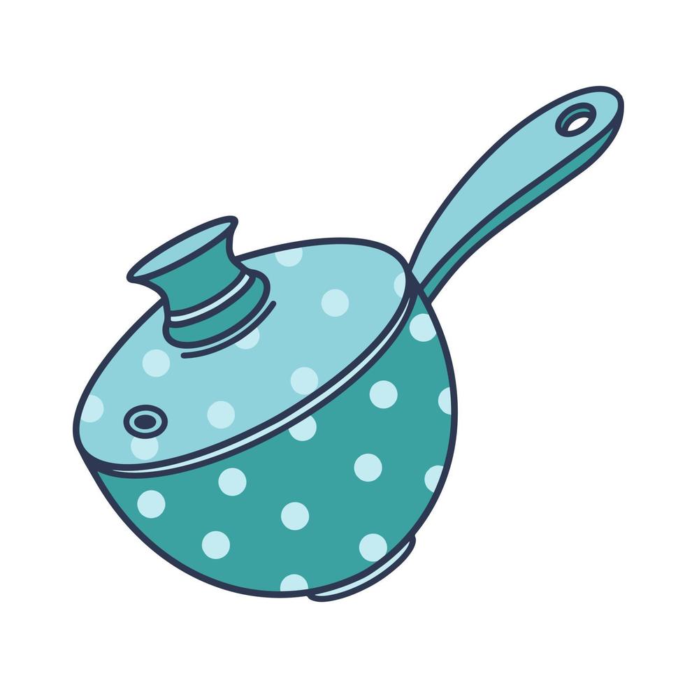 Stewpan vector icon. Hand-drawn color illustration isolated on white background. Metal kitchen tool with glass lid, long handle, dotted. Saucepan for cooking soup, frying vegetables
