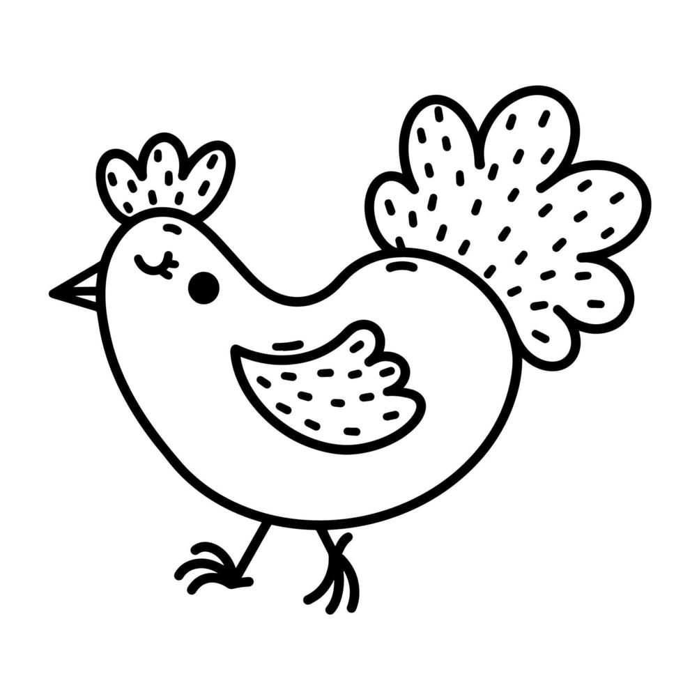 lindo icono de vector de pollo de dibujos animados. ilustración dibujada a mano aislada sobre fondo blanco. boceto de una gallina de granja, aves de corral divertidas. garabato de pájaro monocromo para decoración, diseño web, logotipo, impresión, web, aplicación