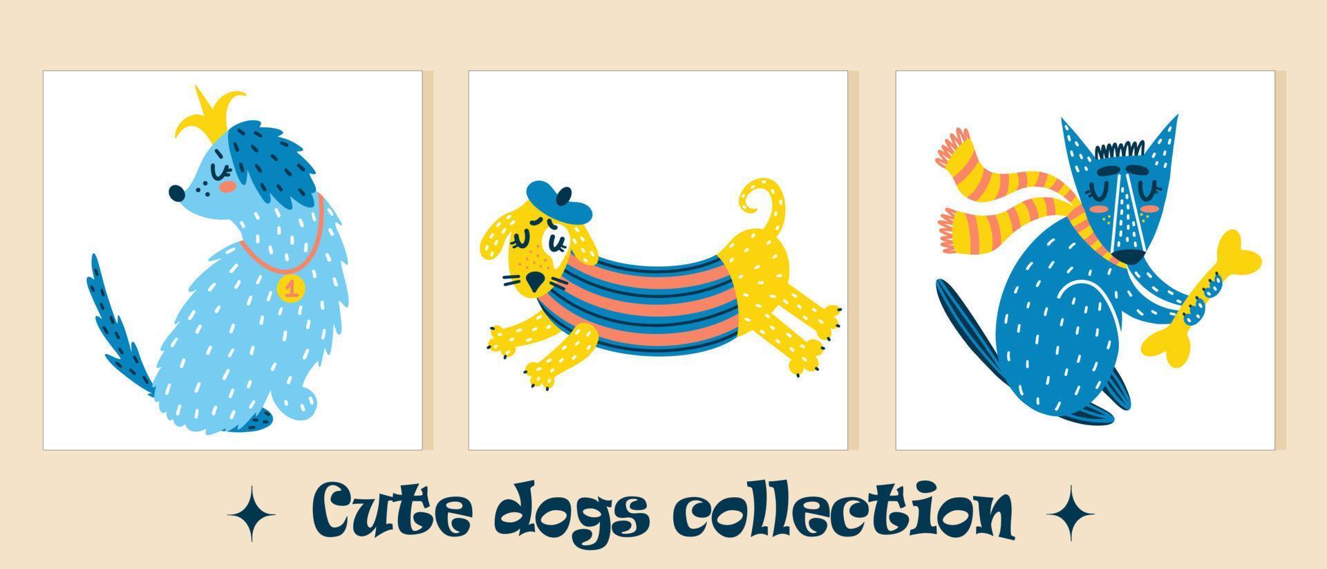Collection of cute cartoon dogs. Set of vector icons with pets. Hand-drawn colored animal doodles. Set of posters with puppies. Vector illustration on a white background in a flat style.