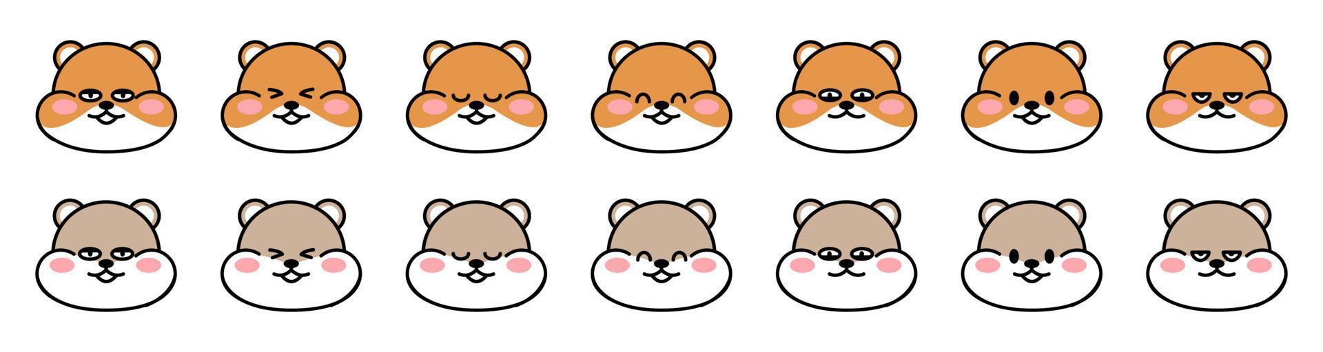 Set of cute faces drawn hamsters. Kawaii hamster with different facial expressions. Collection of avatars mascots funny character animal stickers isolated on white. Vector stock illustration