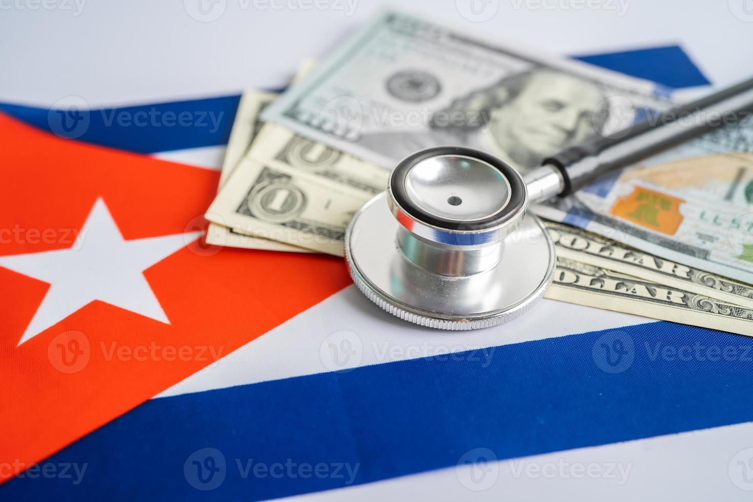 Black stethoscope with US dollar banknotes on Cuba flag background, Business and finance concept. photo