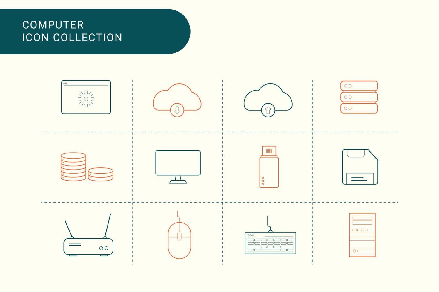 12 set collection computer icon. there database, server, mouse, and more. icon outline vector