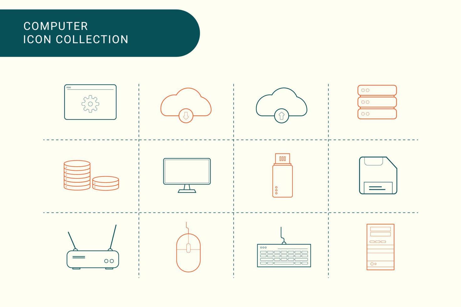 12 conjunto de icono de equipo de colección. hay base de datos, servidor, mouse y más. contorno del icono vector