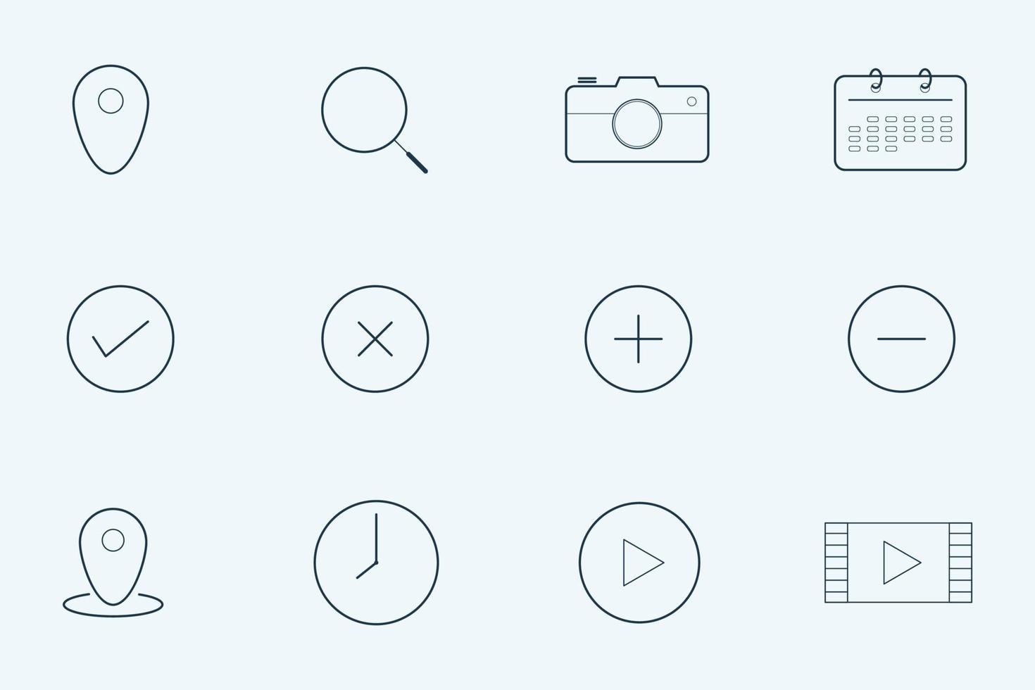 Icono esencial de colección de 12 conjuntos. hay ubicación, búsqueda, calendario, cámara y más. icono de estilo de esquema vector