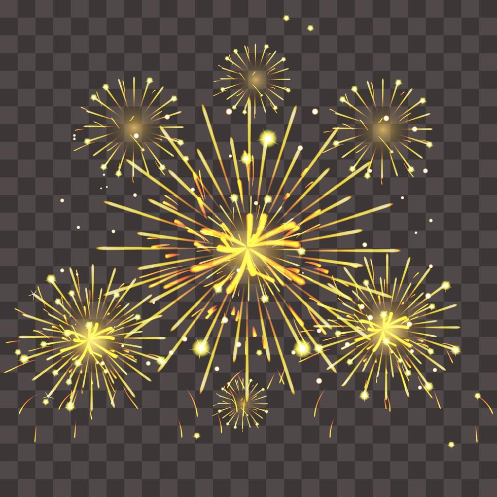 Fireworks shining sparks. Fireworks explosions object for festival background. Celebrate Lighting effect isolated vector illustration.