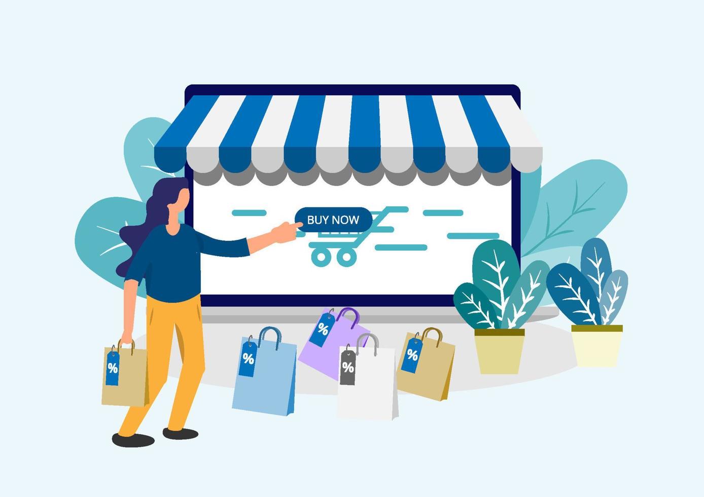 Woman shopping online. Order eCommerce. Web store application payment online. Digital online marketing with screen mobile phone transactions. Blue tone flat graphic design. vector