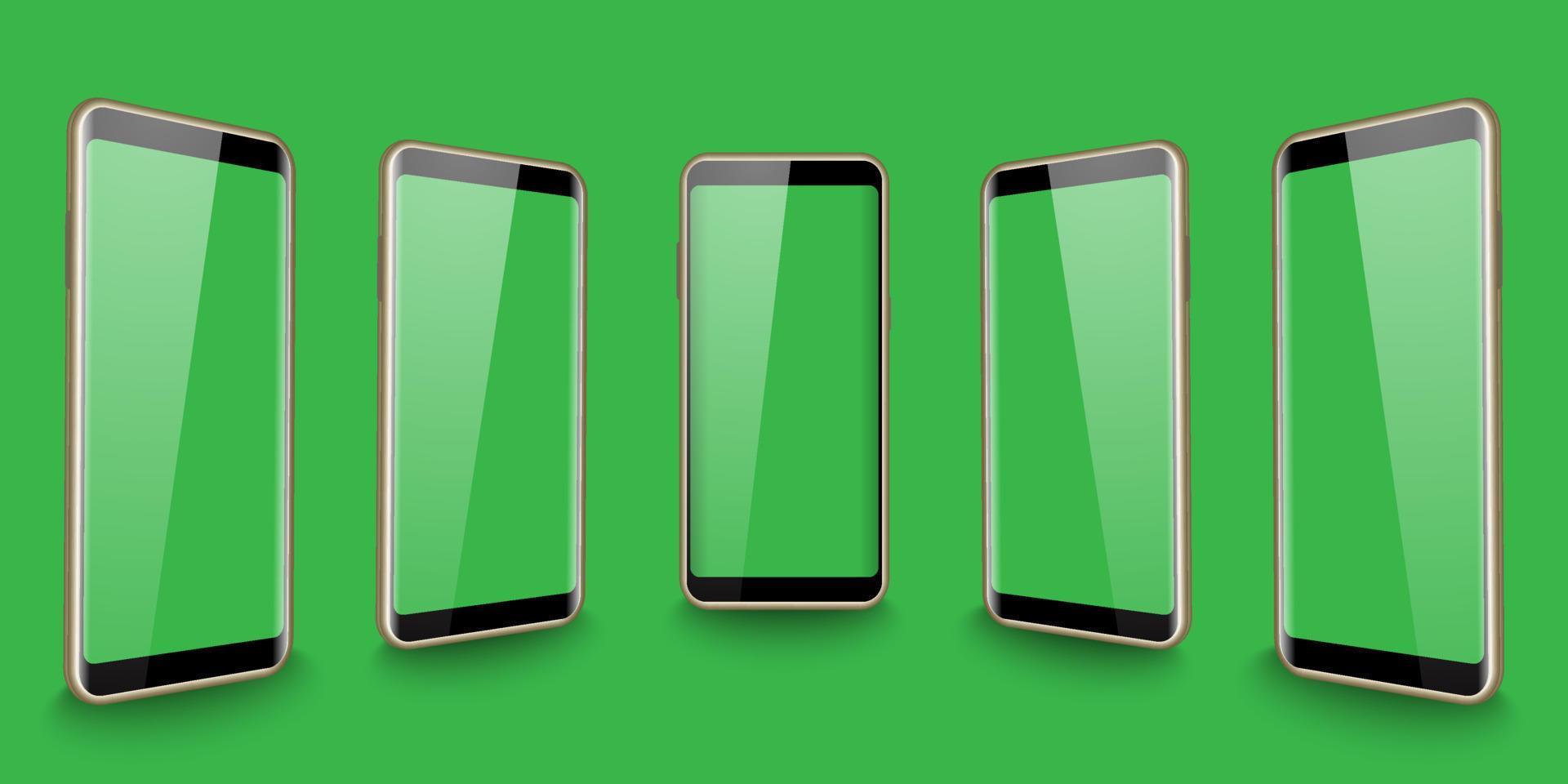 Smartphone green screen display realistic mock up. 5 isolated mobile