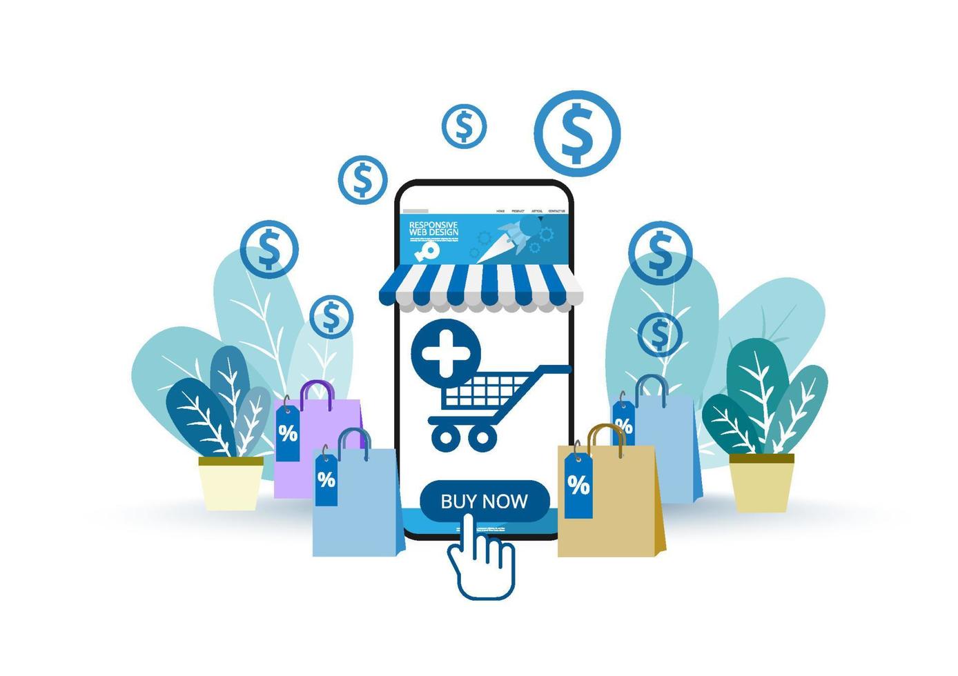 Shopping online. Buy now hand order eCommerce. Web store application payment online. Digital online marketing with screen mobile phone transactions. Blue tone flat graphic design. vector
